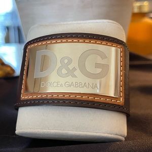 Dolce & Gabbana D&G Brown Leather Silver Logo Cuff Bracelet (UNISEX)